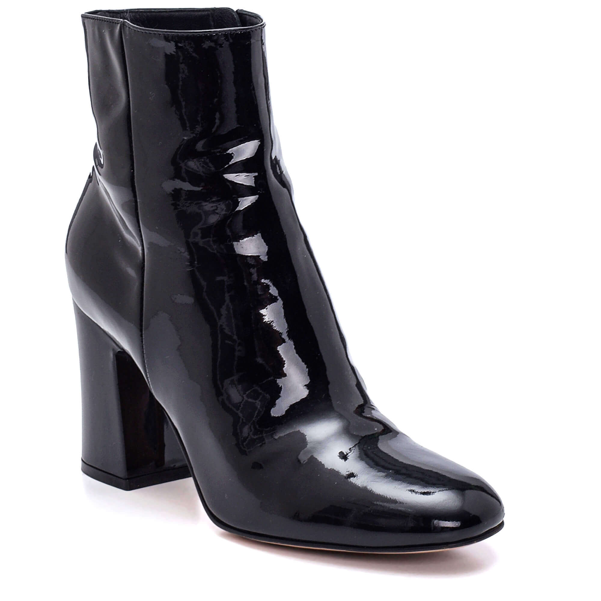 Gianvito Rossi - Black Patent Leather Block Heel Round Toe Ankle Boots/39